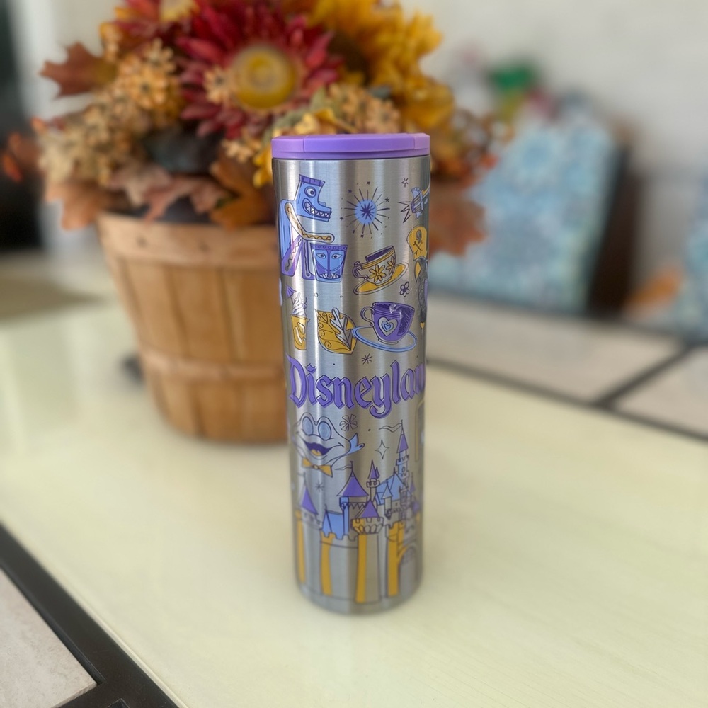 Starbucks Silver Travel Tumbler with Purple & Gold Accents, Disneyland, Ca
